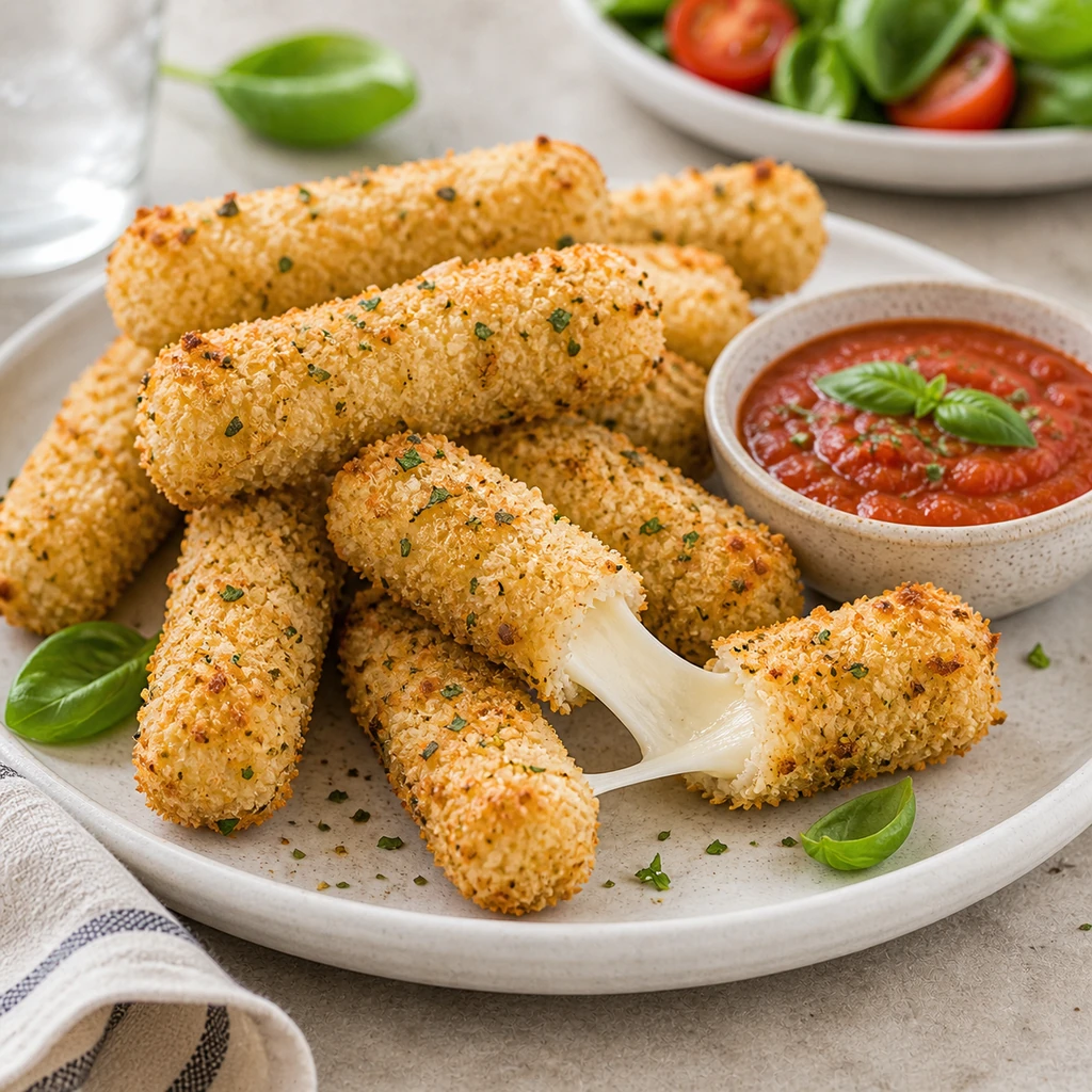 Baked healthy mozzarella sticks served on a plate with marinara sauce and a melted cheese center