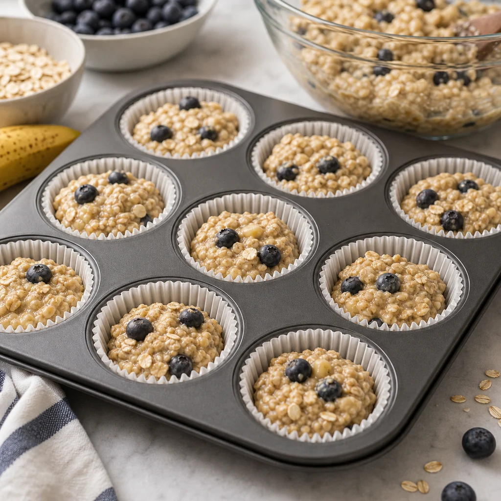 Thick oatmeal muffin batter with blueberries portioned into a lined muffin pan before baking
