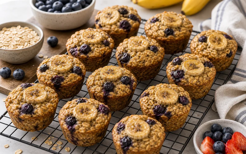 Baked oatmeal muffins with blueberries and banana slices on a cooling rack