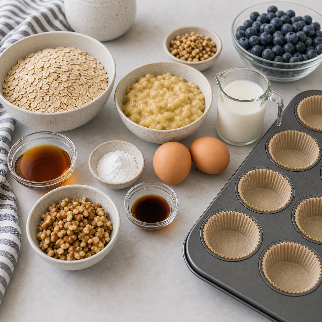 Ingredients for baked oatmeal muffins including oats, mashed banana, blueberries, eggs, milk, maple syrup, vanilla, and muffin tin