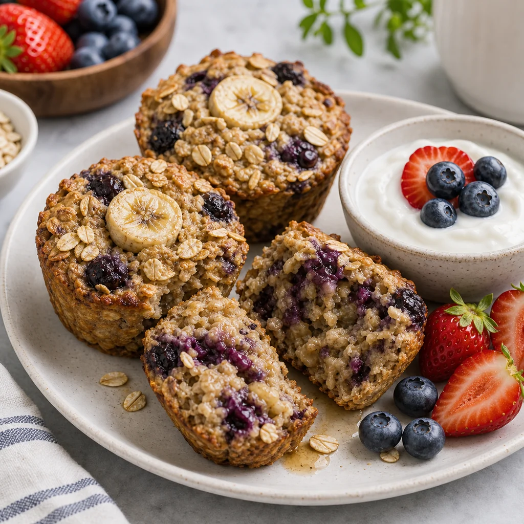 Baked oatmeal muffins broken open to show soft oat interior with blueberries and banana, served with yogurt and berries