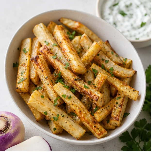 Golden oven-baked turnip fries with parsley and yogurt-herb dip