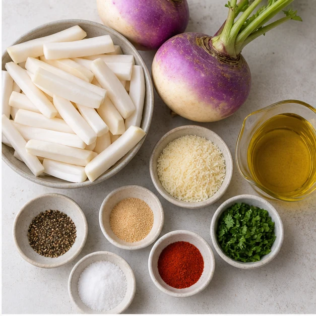 Purple-top turnips, peeled sticks, olive oil, Parmesan, herbs and spices