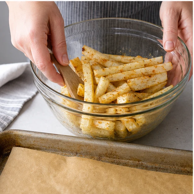 Hands tossing turnip sticks with olive oil, Parmesan and seasonings
