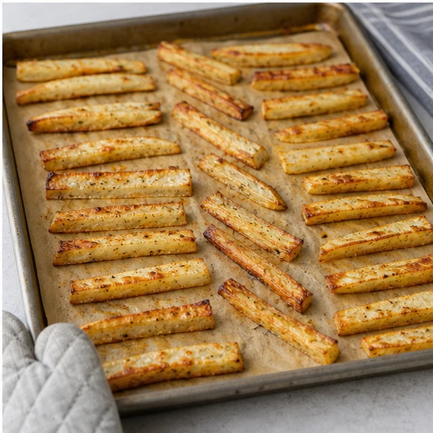 Golden baked turnip fries spaced in one layer on a metal sheet pan