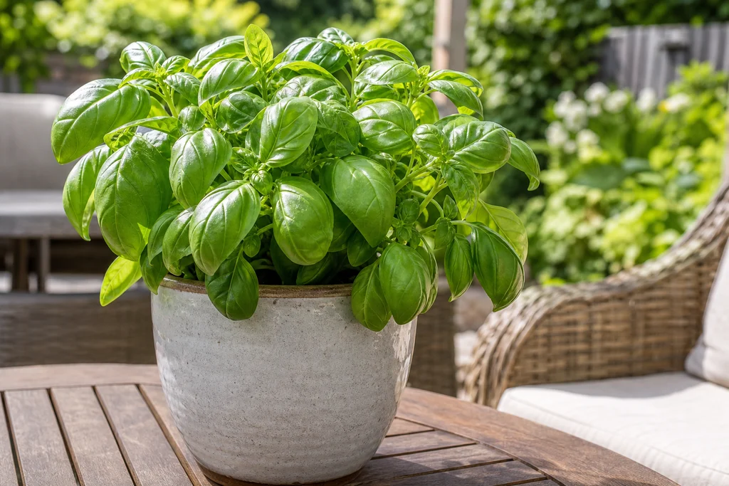 Fresh basil herb plant in a pot on an outdoor patio table