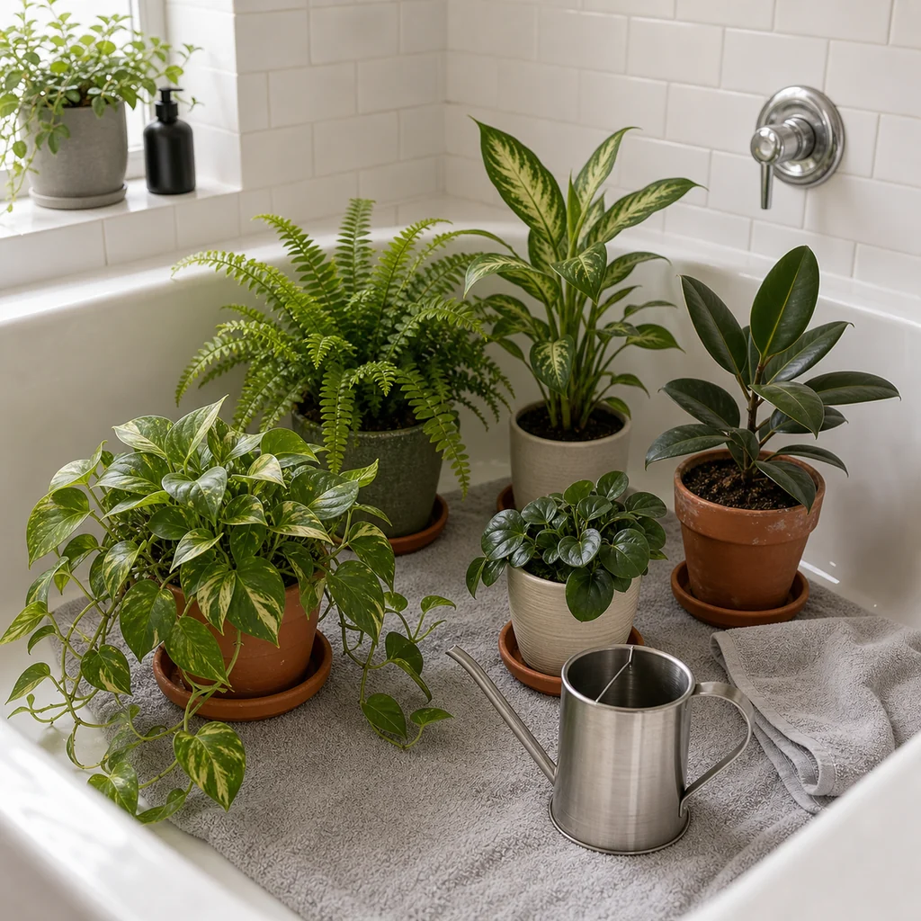 Houseplants sitting safely on towels and saucers in a clean bathtub before a short trip