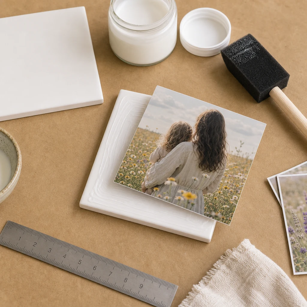 Trimmed privacy-safe photo being aligned on a ceramic tile with decoupage glue and a foam brush