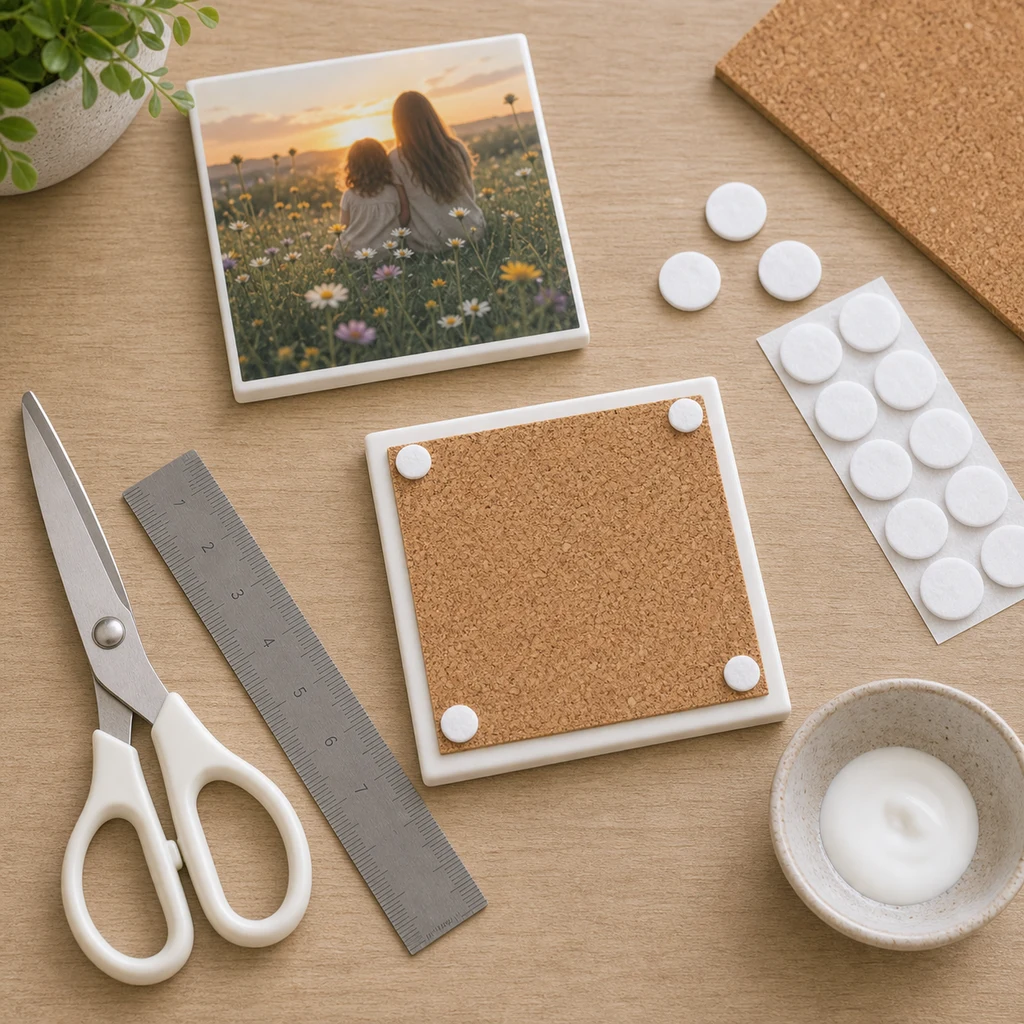 Cork backing and felt pads being attached to the underside of a ceramic photo tile