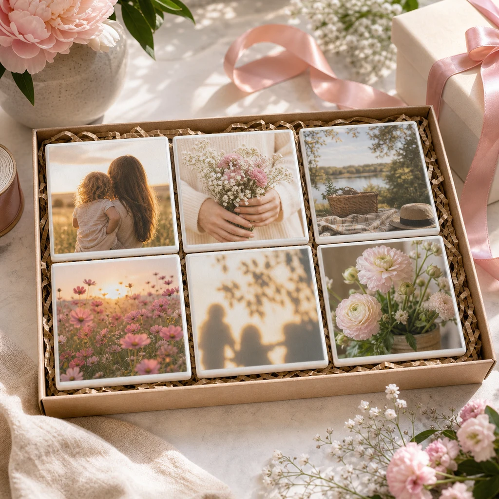 Finished DIY Mother's Day photo tiles displayed in a gift box with flowers, ribbon, and privacy-safe memory images