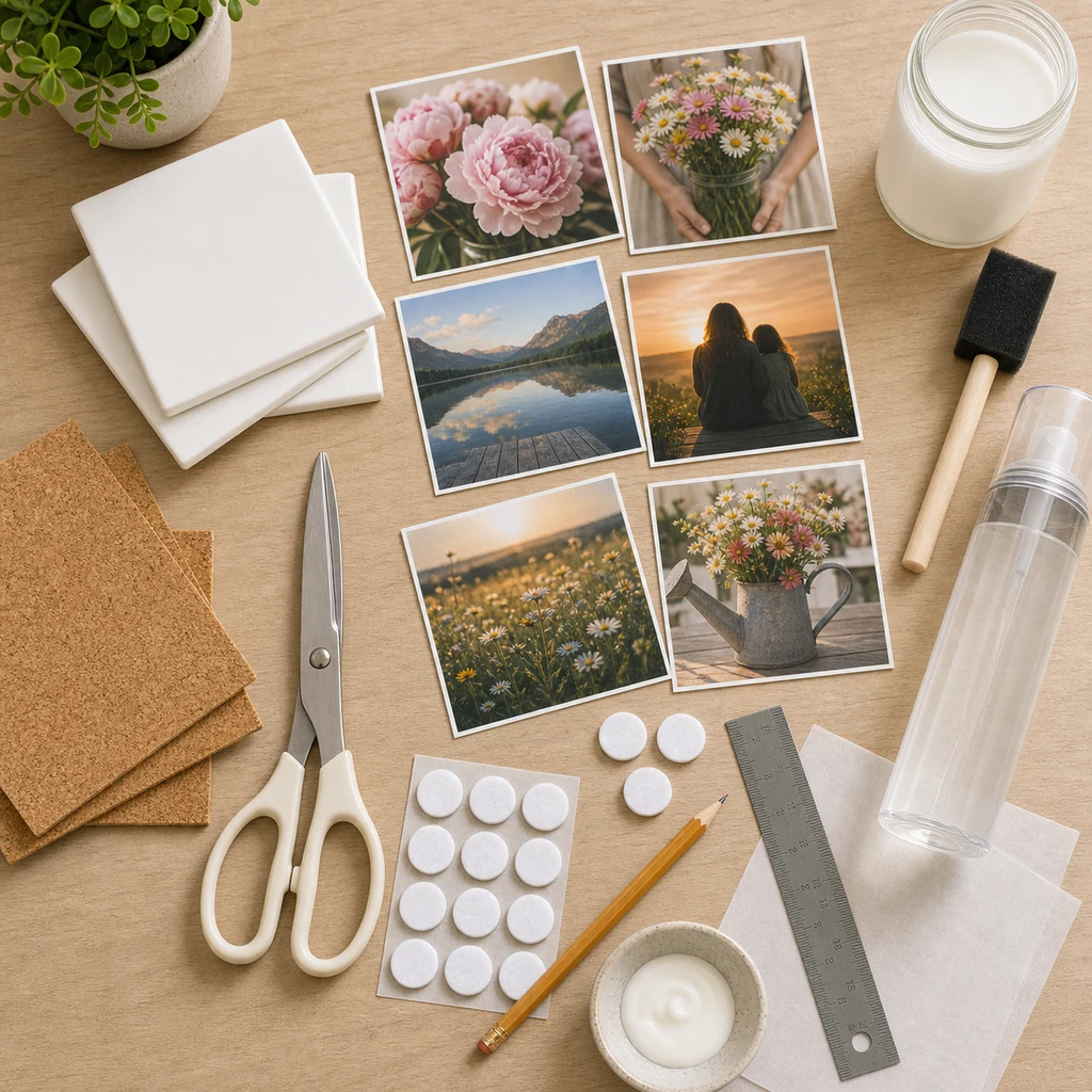 Materials for DIY photo tiles with ceramic tiles, privacy-safe printed images, decoupage glue, foam brush, scissors, ruler, spray sealer, cork, and felt pads