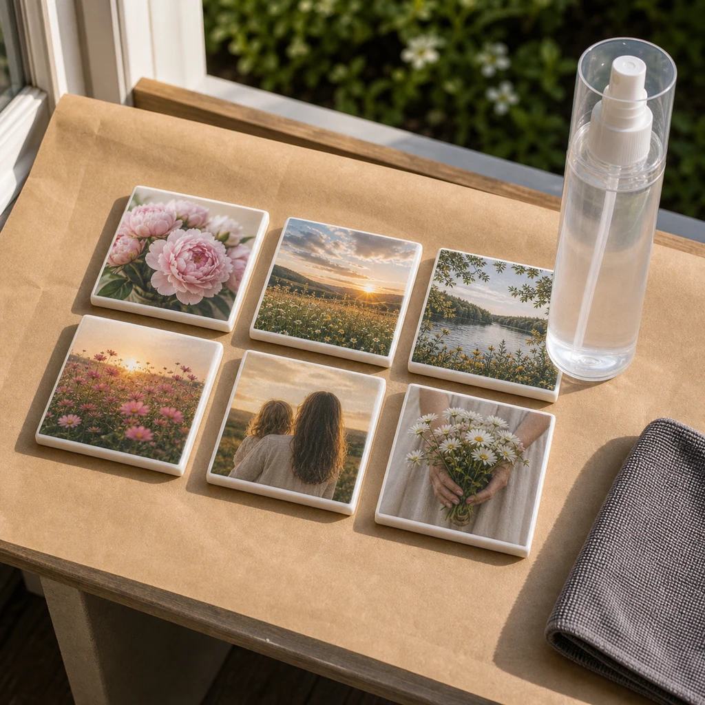 Sealed ceramic photo tiles drying with a clear protective spray nearby in a ventilated craft area