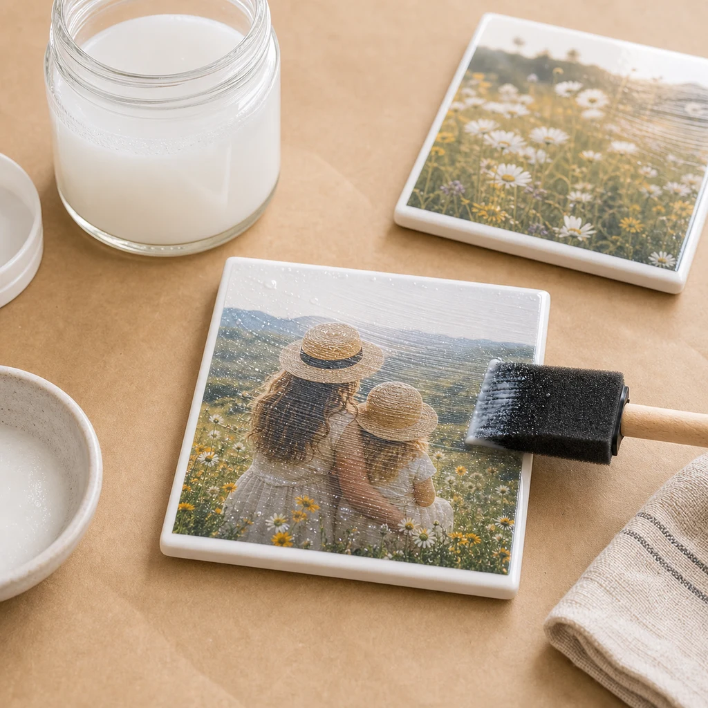 Photo tile surface being sealed with a foam brush and clear decoupage layer over a privacy-safe image