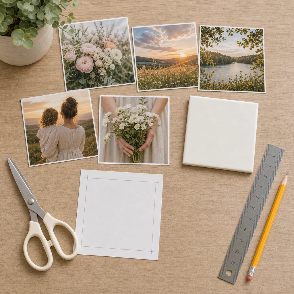 Privacy-safe printed photos being selected and trimmed with a ceramic tile template, ruler, pencil, and scissors