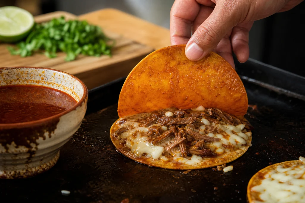 Dipping tortilla in birria consommé and filling with cheese and meat