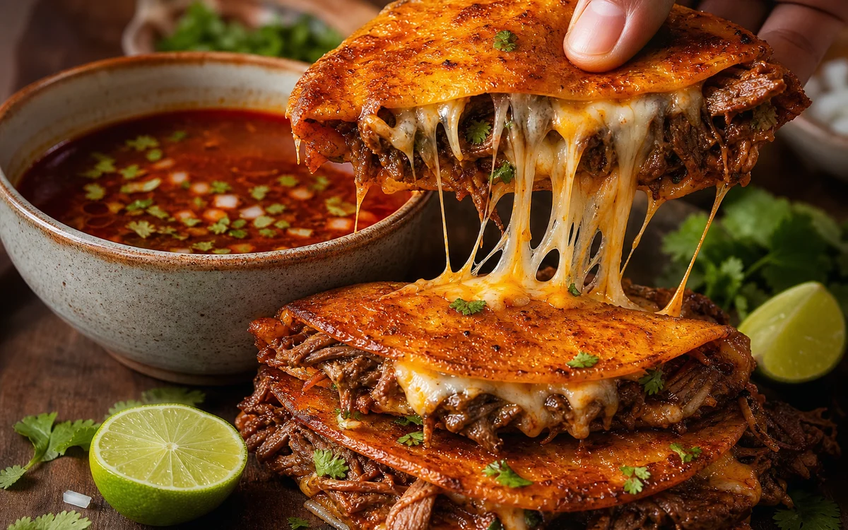 Crispy quesabirria tacos with cheese pull and bowl of red birria consommé
