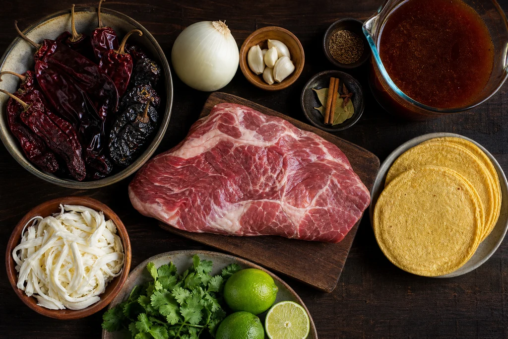 Ingredients for birria tacos including dried chiles beef chuck and corn tortillas