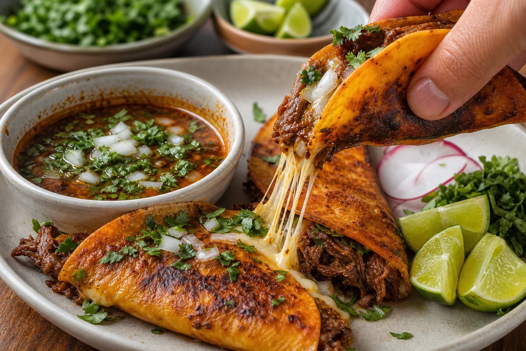 Crispy birria tacos served with consommé for dipping and lime garnish
