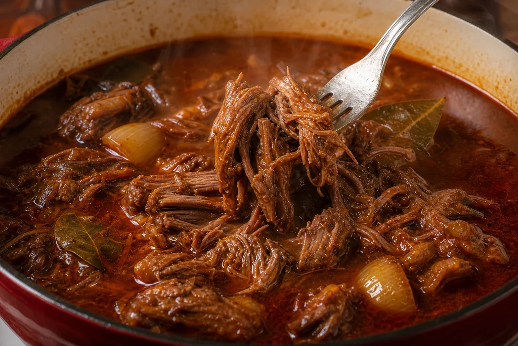 Shredded birria beef in rich red consommé broth