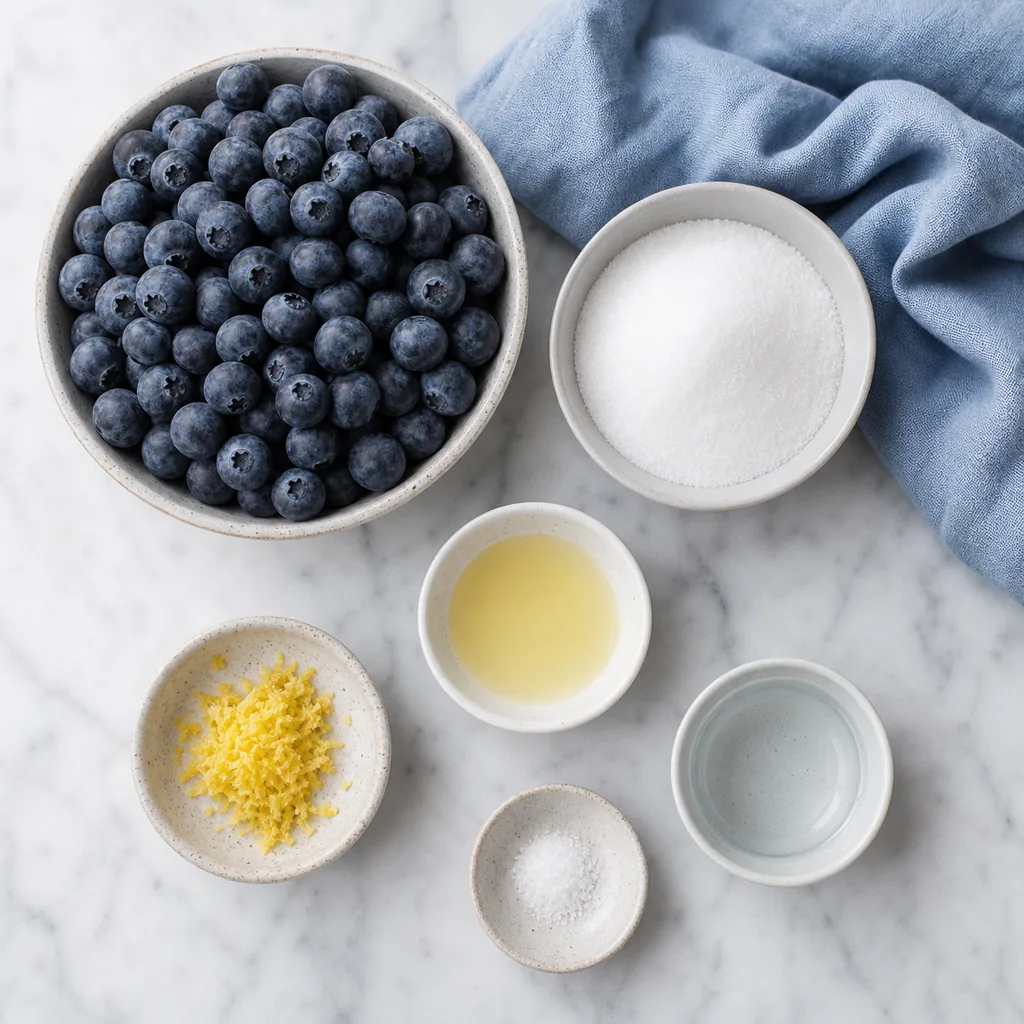 Blueberries, allulose, lemon juice, zest, water and salt for jam