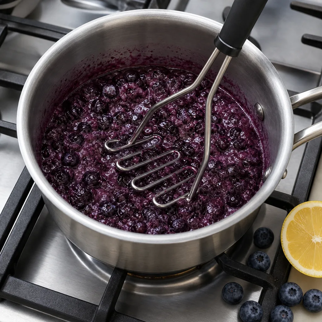 Blueberry lemon jam simmering and being mashed in a saucepan