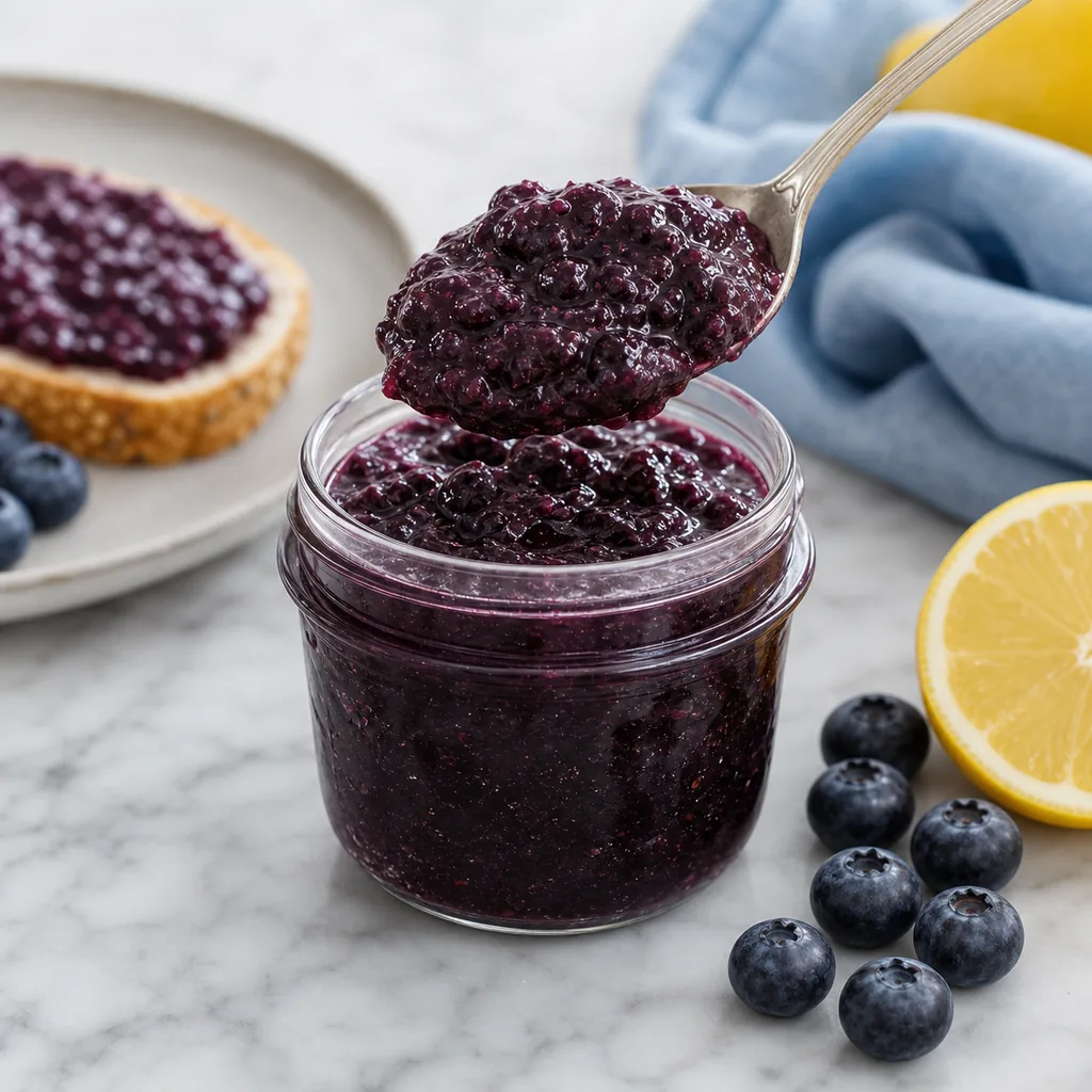 Spoon lifting thick sugar free blueberry lemon jam above a jar