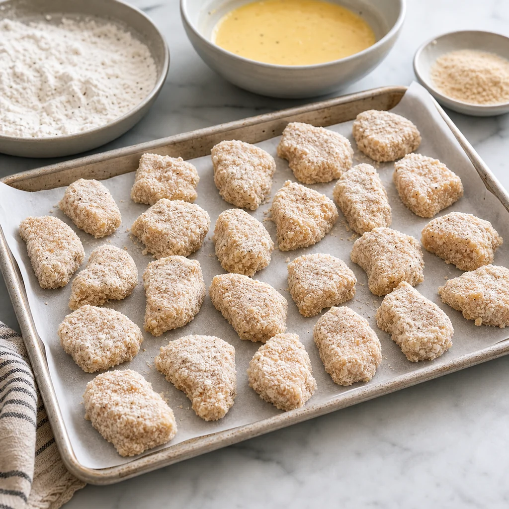 Breaded chicken nugget pieces on a tray ready to fry