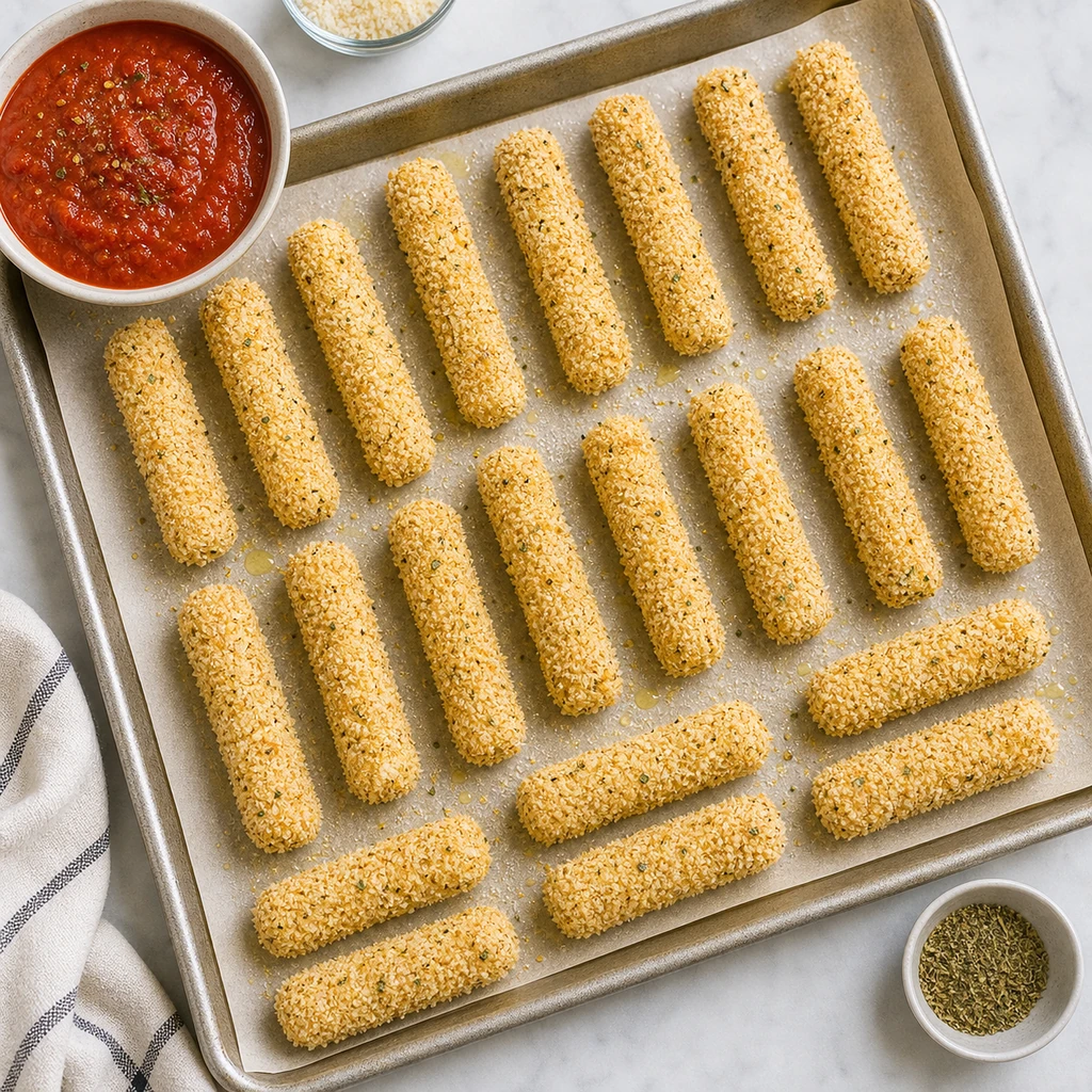 Breaded mozzarella sticks arranged on a parchment-lined baking sheet ready for baking or air frying