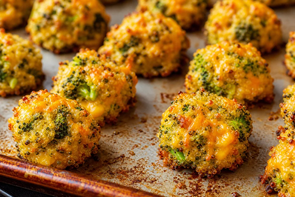 Golden baked broccoli cheddar quinoa bites fresh from the oven