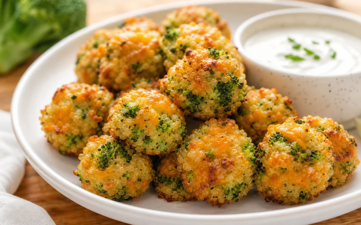 Golden broccoli cheddar quinoa bites on a plate with yogurt dip healthy snack