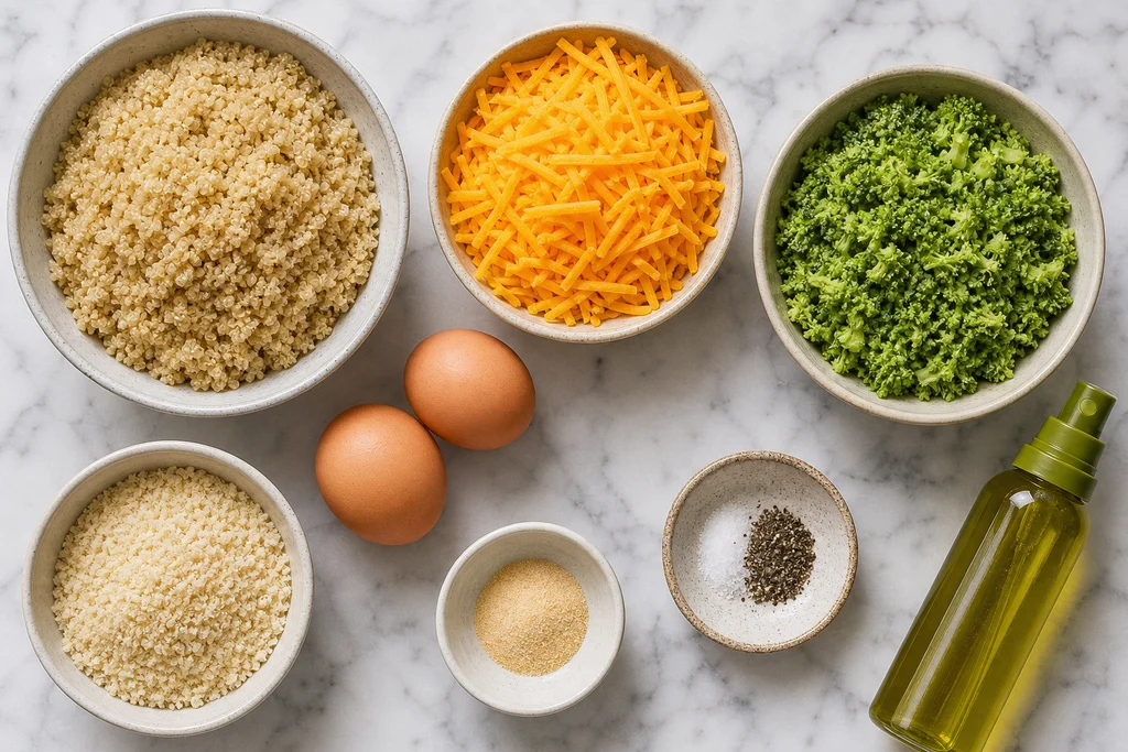 Ingredients for broccoli cheddar quinoa bites including quinoa broccoli cheddar eggs and breadcrumbs