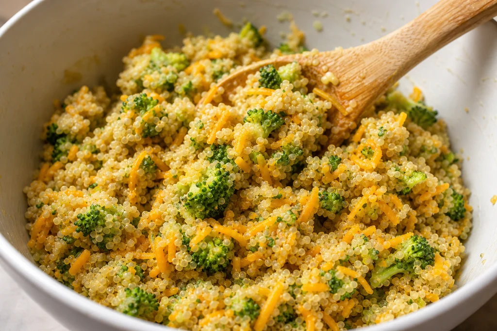 Broccoli cheddar quinoa bite mixture in a large mixing bowl