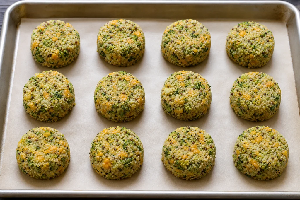 Scooped broccoli cheddar quinoa bites on a parchment lined baking sheet