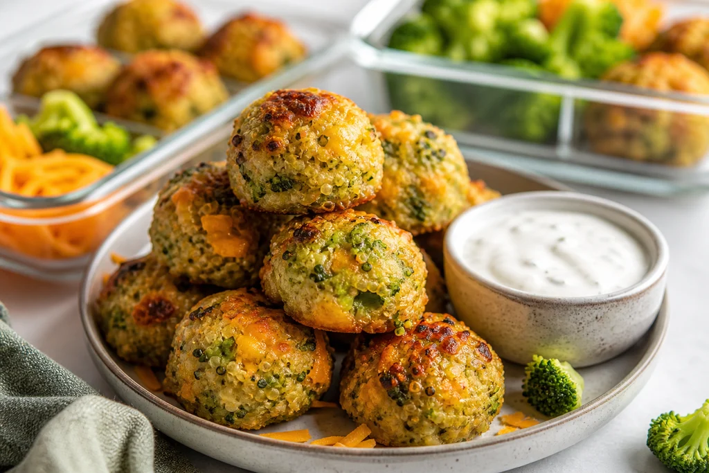 Broccoli cheddar quinoa bites served with dip for meal prep snacking
