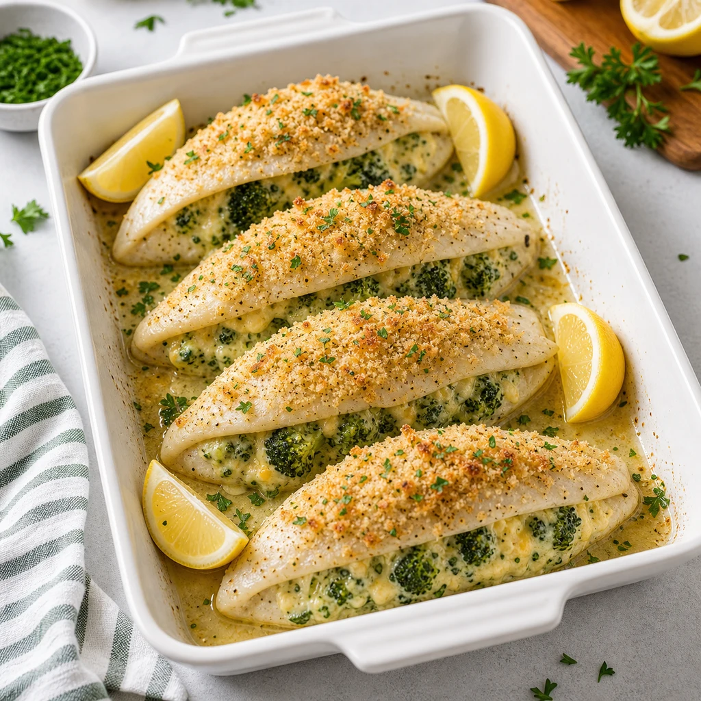 Baked stuffed tilapia fillets in a white dish with opaque flaky fish, broccoli cheese filling, golden breadcrumbs, and lemon