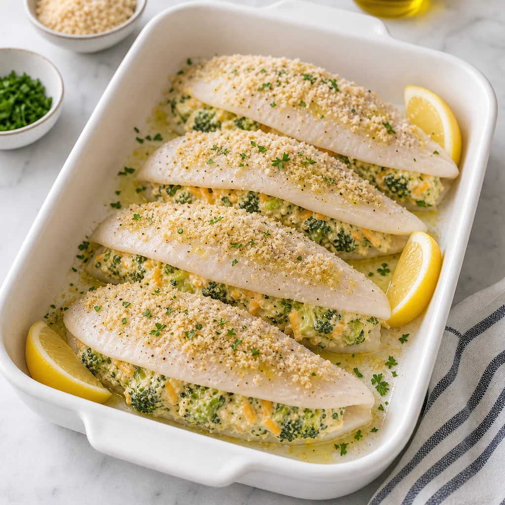 Stuffed tilapia fillets in a baking dish with breadcrumb topping, olive oil, lemon wedges, and parsley before baking