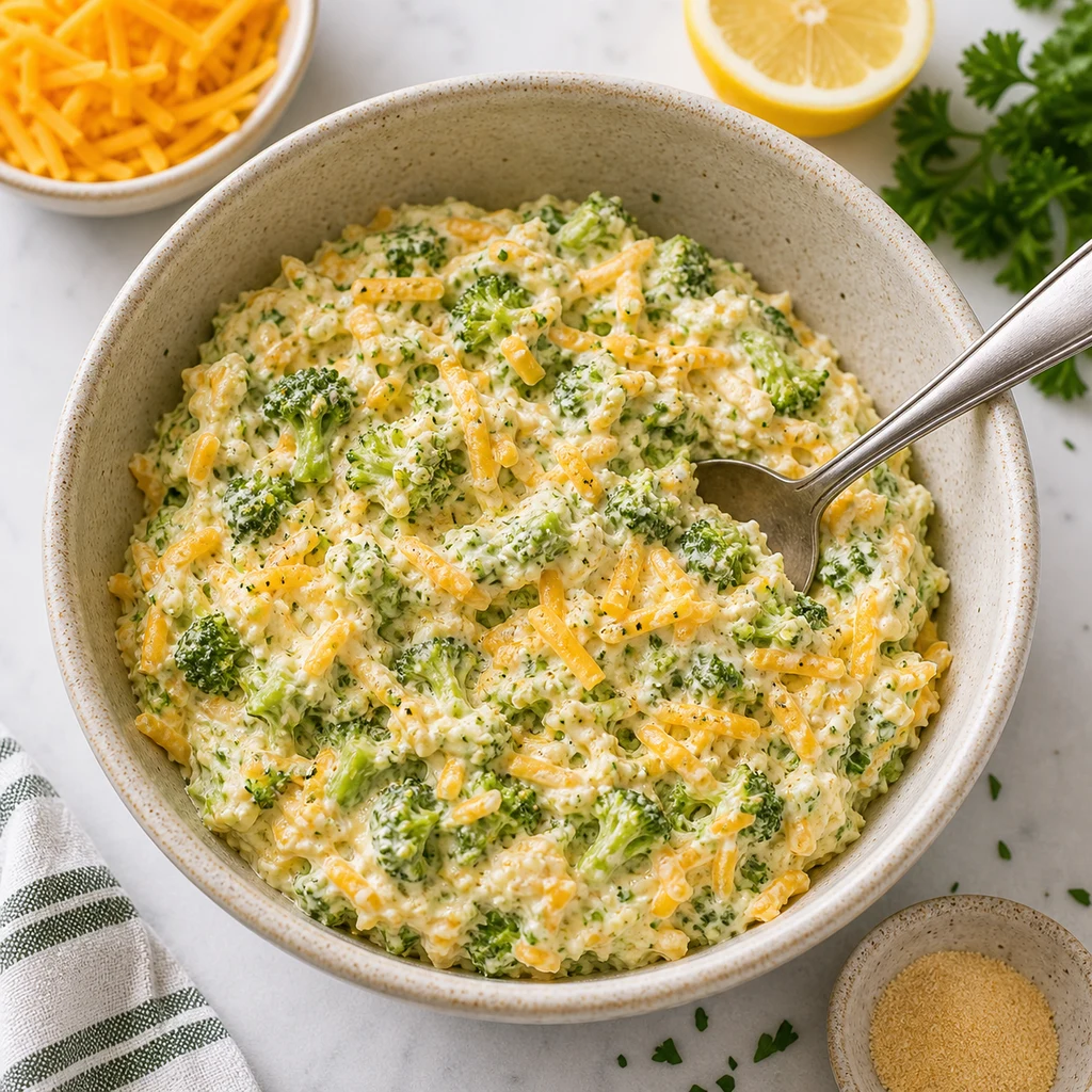 Creamy broccoli cheese filling with chopped broccoli, cheddar, cream cheese, lemon, parsley, garlic powder, onion powder, salt, and pepper