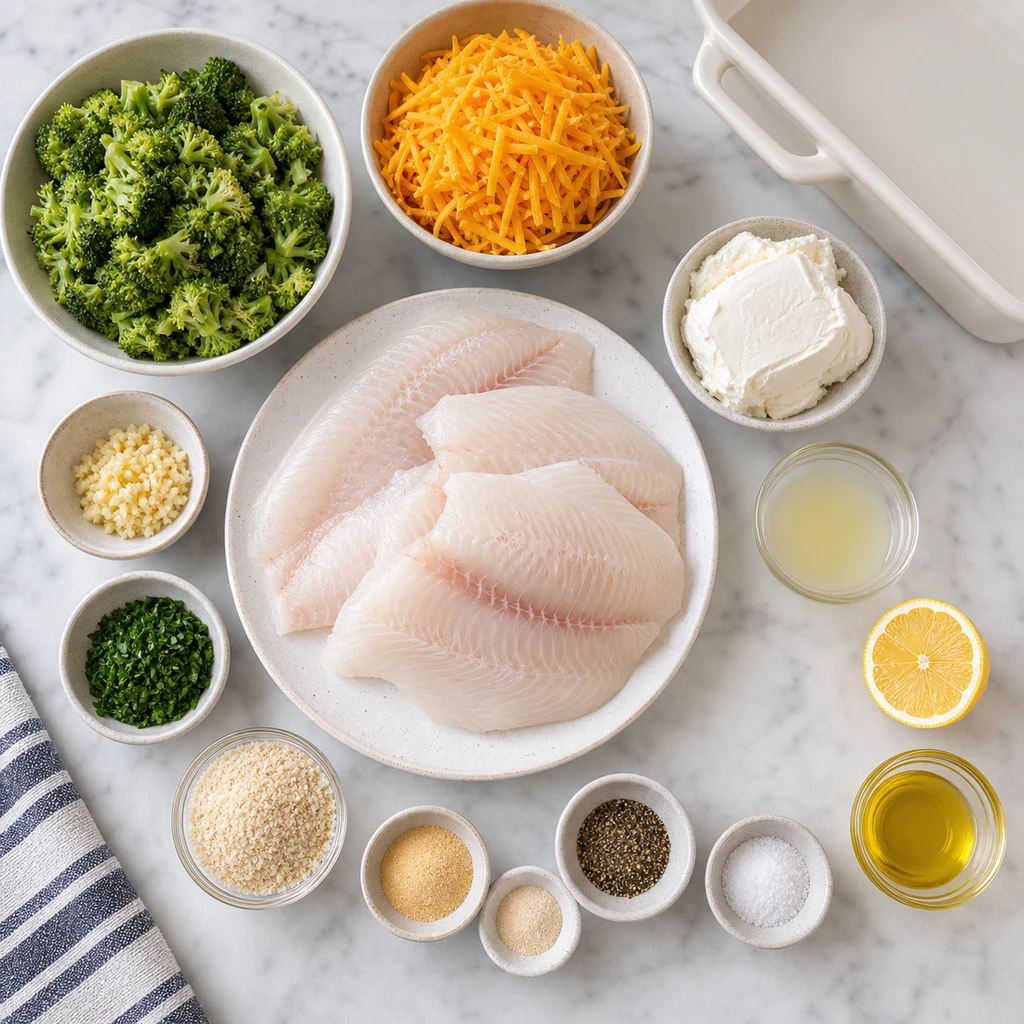 Ingredients for Broccoli and Cheese Stuffed Tilapia including tilapia fillets, broccoli, cheddar, cream cheese, lemon, breadcrumbs, olive oil, parsley, salt, and pepper