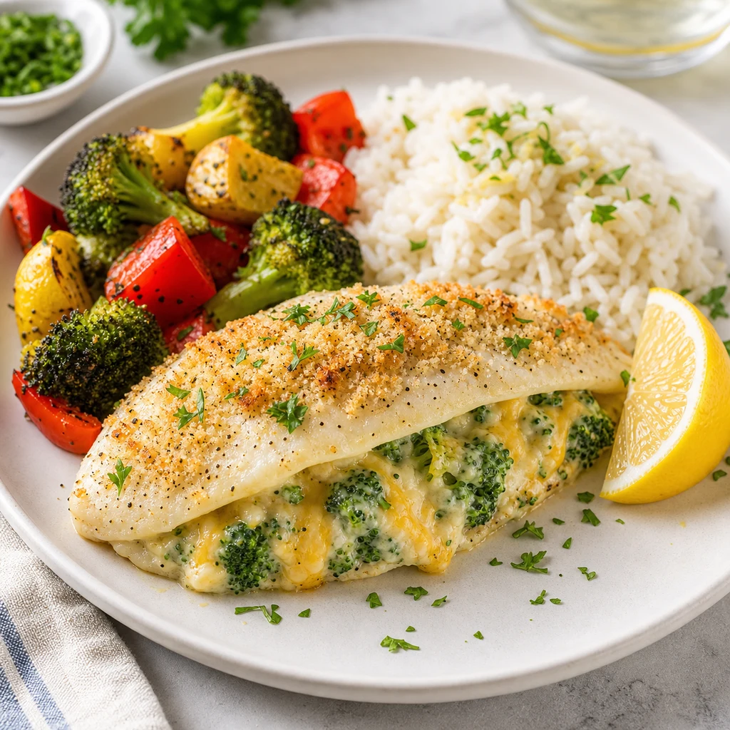 Served broccoli and cheese stuffed tilapia on a plate with rice, roasted vegetables, lemon, and parsley