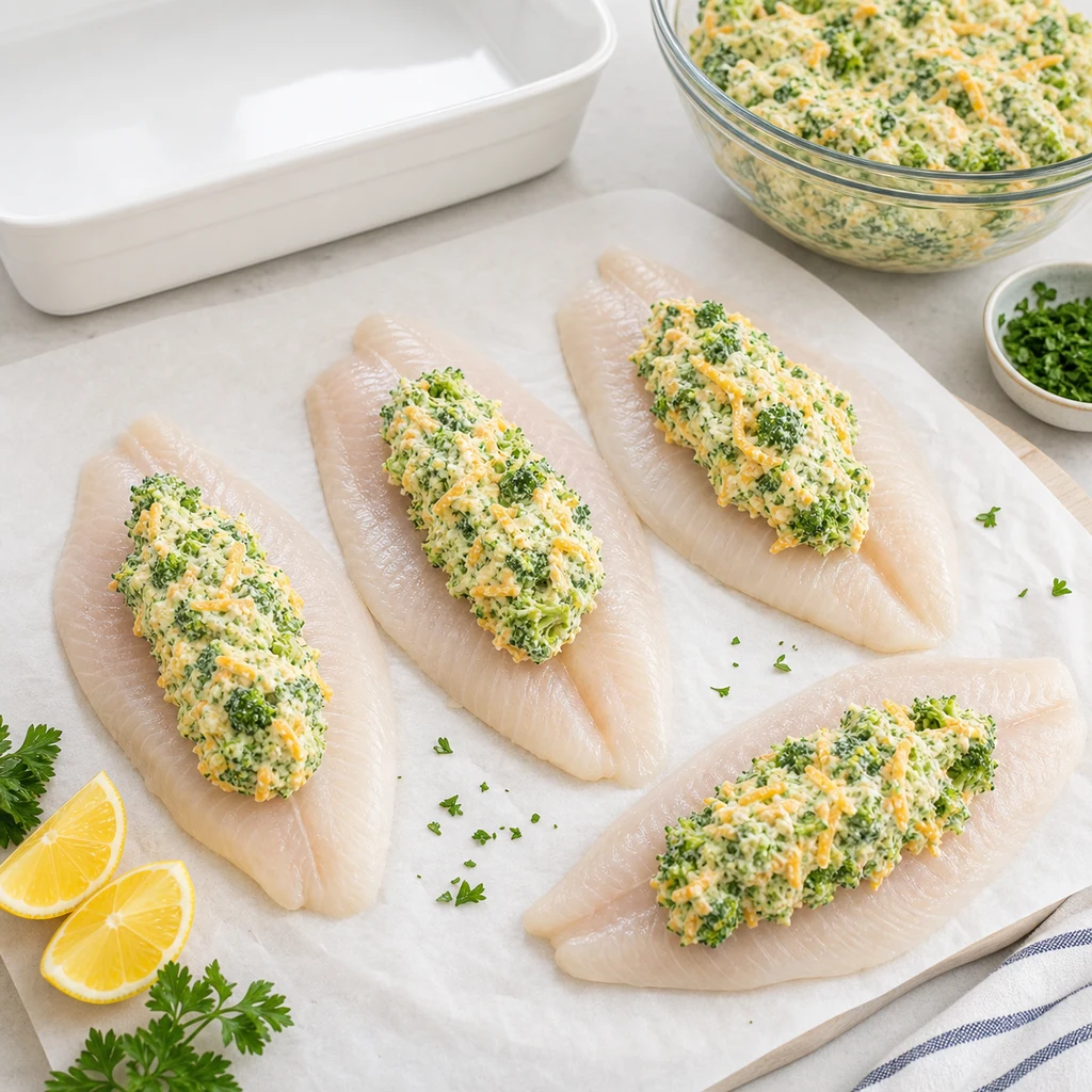 Tilapia fillets laid flat with broccoli cheese filling spooned down the center before folding