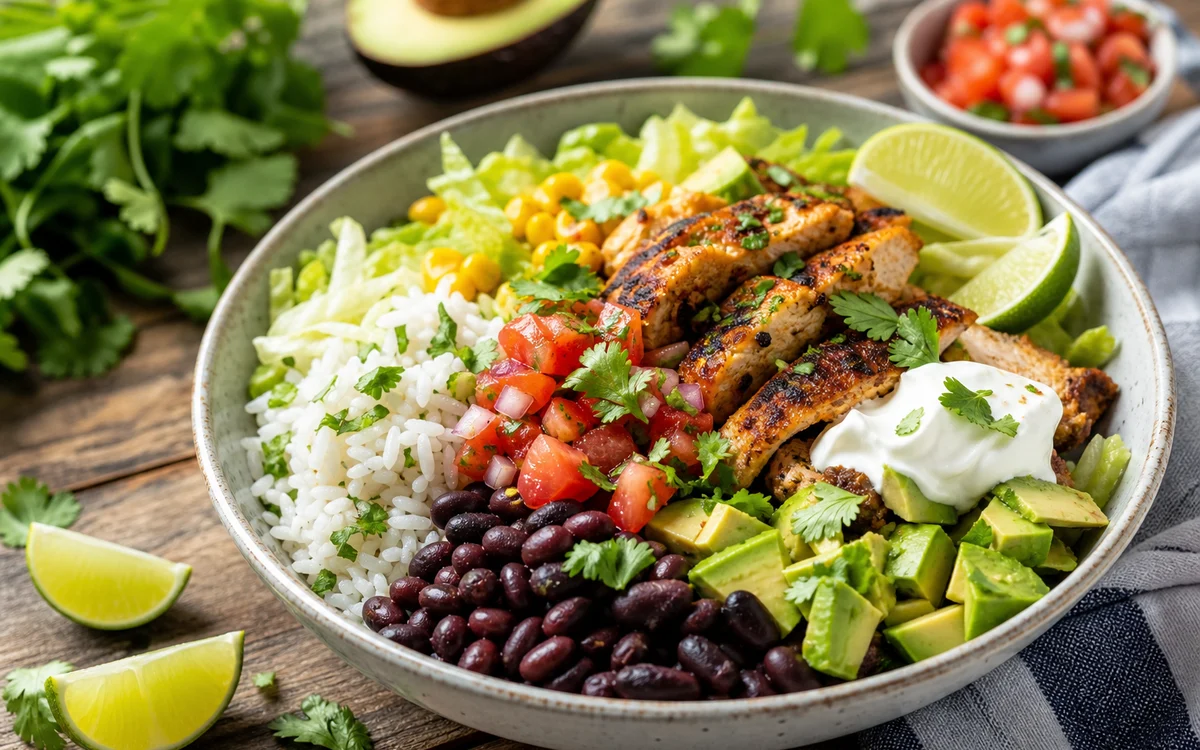 Colorful healthy chicken burrito bowl with rice beans corn guacamole and fresh toppings