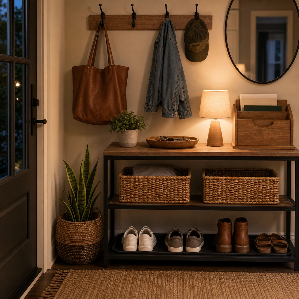 Calm small entryway with mirror, hooks, closed cabinet, baskets, plant, rug, and warm lamp