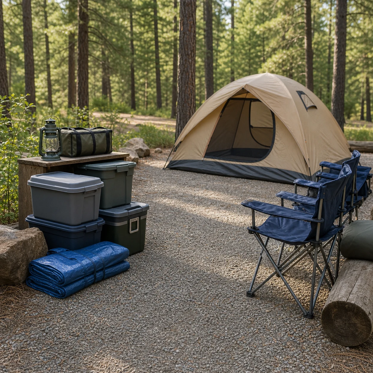 Organized beginner campsite with tent, chairs, cooler, lantern, and storage bins