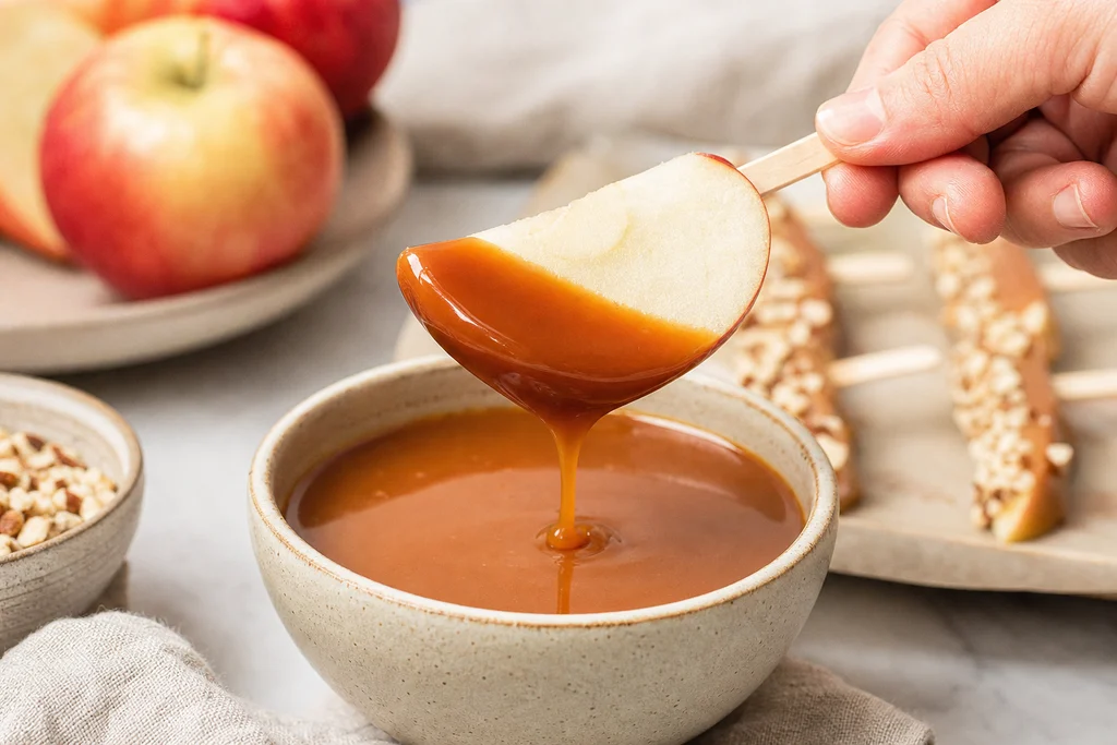 Dipping an apple slice on a stick into warm caramel sauce
