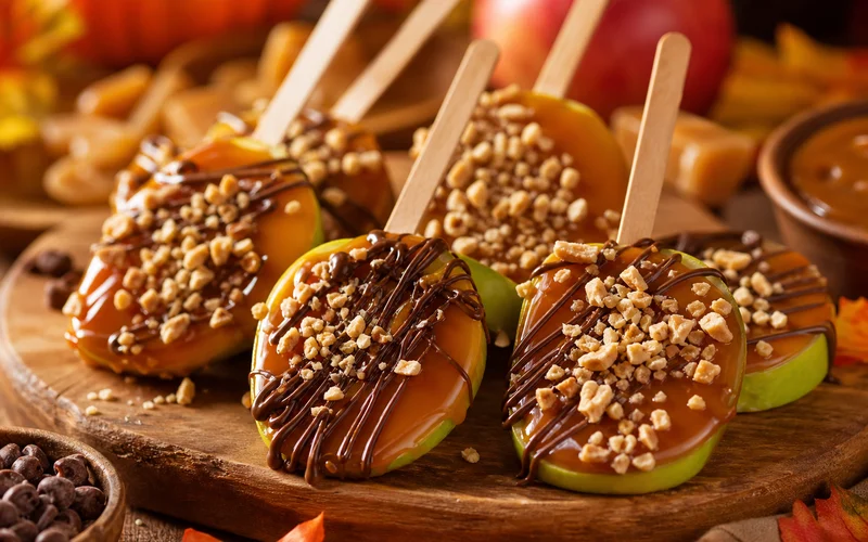 Glossy caramel apple slices with nuts and chocolate on a wooden board