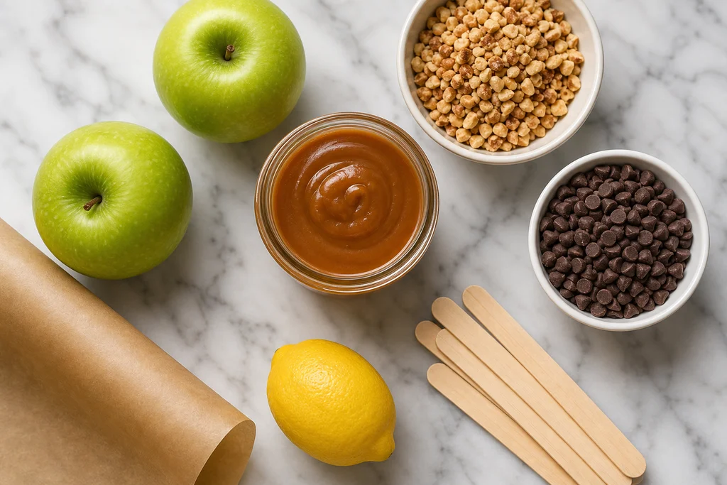 Apples, caramel sauce, nuts, chocolate chips, and popsicle sticks for caramel apple slices