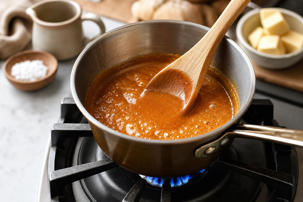 Warm smooth caramel sauce melting in a saucepan