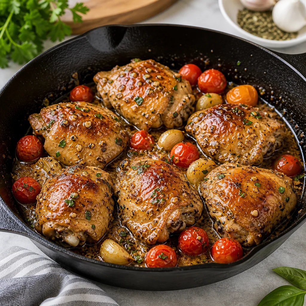 Chicken thighs searing in a skillet with bubbling Italian dressing glaze, cherry tomatoes, garlic, and herbs