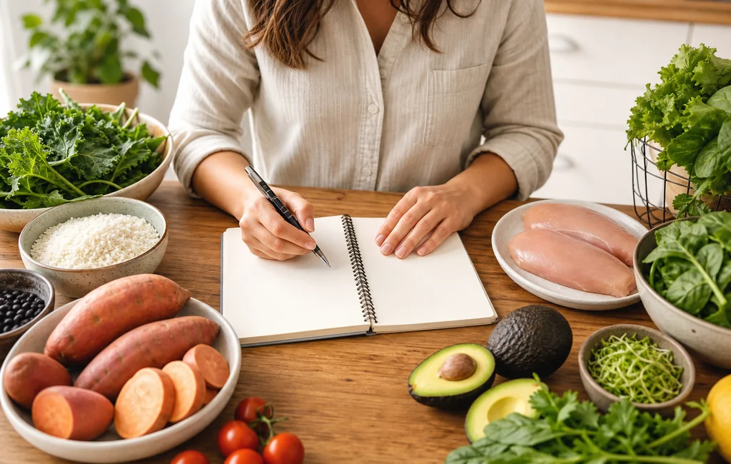 Weekly carb cycling meal plan prep with rice, chicken, and fresh vegetables on a kitchen counter