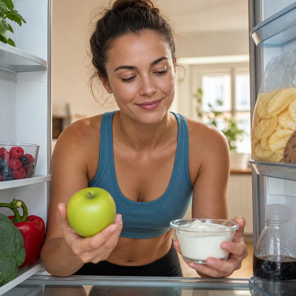 Woman choosing yogurt and fruit instead of processed snacks from the refrigerator